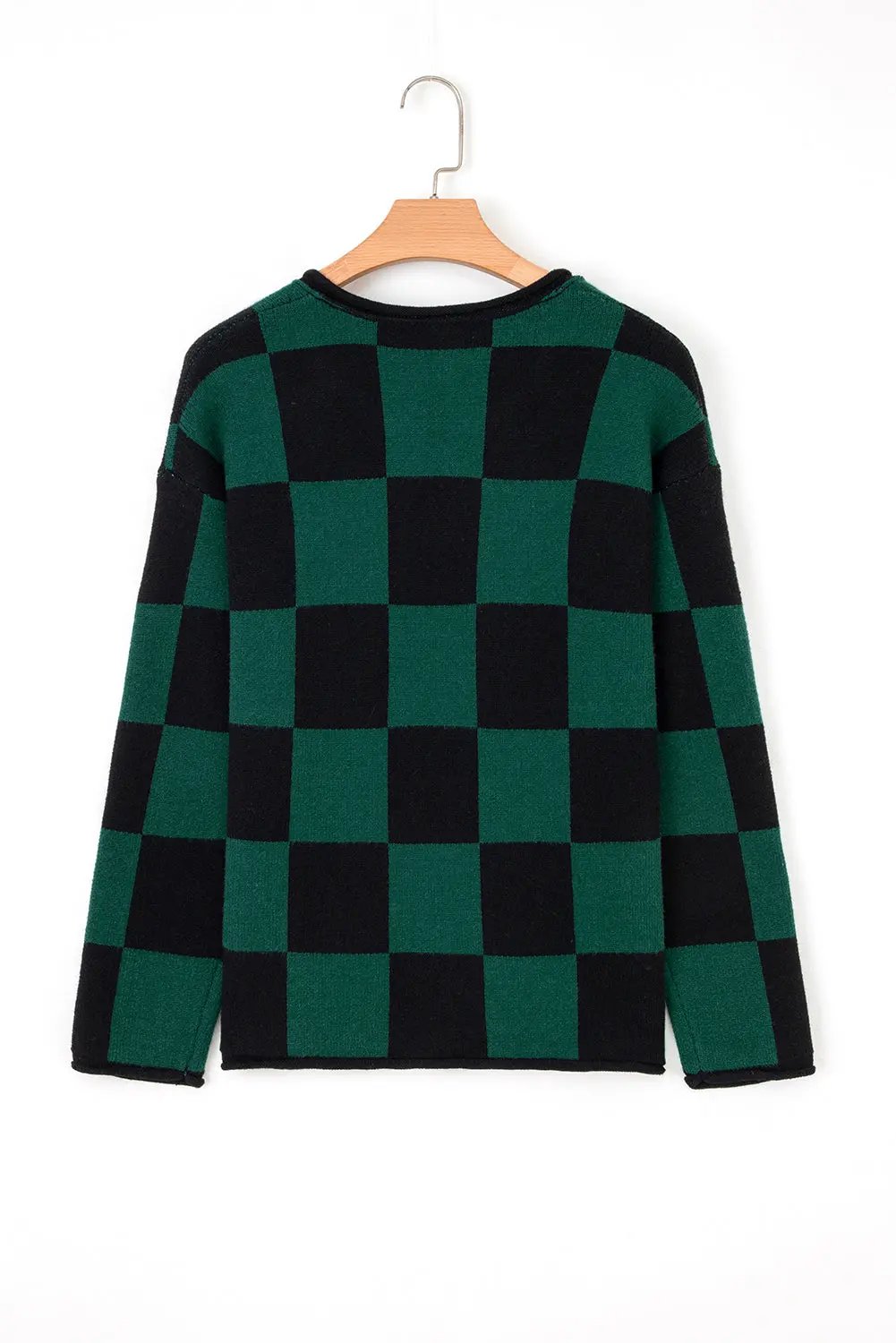 Premium Green Checked Notched Neckline Drop Shoulder Knit Sweater Dear-Lover Dropshipping